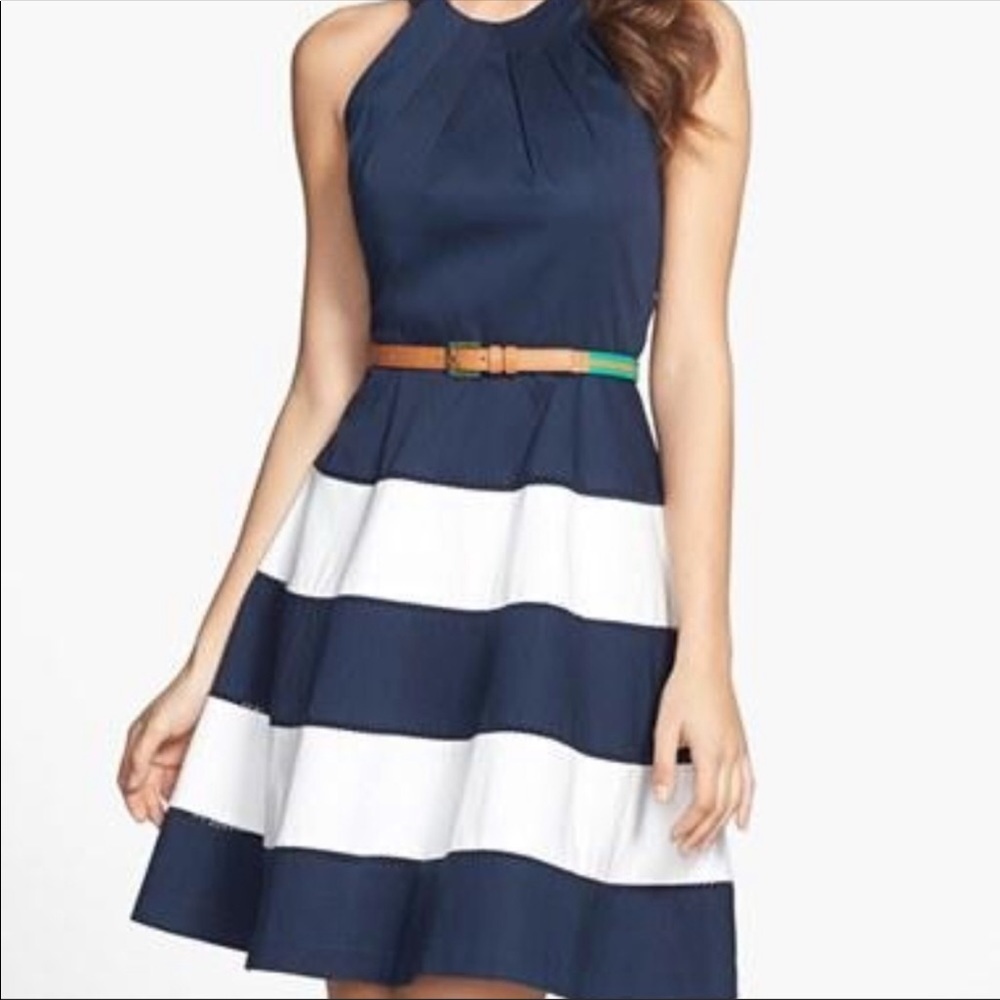 Eliza J Fit and flare blue and white dress